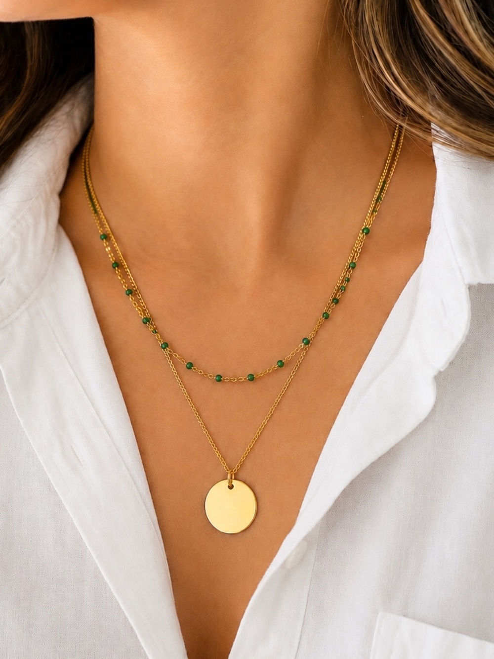 Gold Layered Green Beaded Coin Pendant Necklace Minimalist Boho Adjustable - Picture 2 of 6